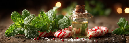 Fresh Peppermint Essential Oil with Candy Canes and Mint Sprigs on a Rustic Backgroundの素材