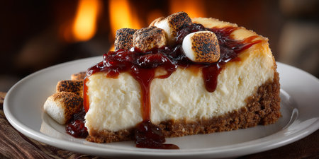 Slice of Delicious S mores Cheesecake with Toasted Marshmallows on White Plate by Cozy Fireplaceの素材