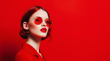 Fashion Model Portrait, Stylish Woman In Red Sunglasses Against A Vivid Red Background.の素材