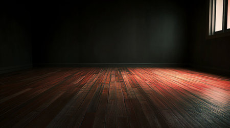 Modern Interior with Black Wall and Wood Floor, Intense Light Streaming, Minimalist Decor Styleの素材