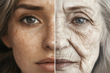 Young And Old. Close-Up Split Portrait Of Female Face Comparison Of Youthful And Aged Skin.の素材