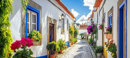 Picturesque Obidos Street in Portugal Vibrant Flowers, Cobblestone Path, and Historic Charm Awaitの素材