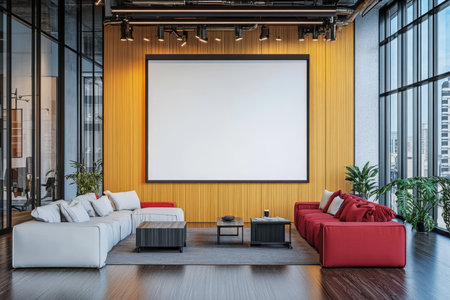 Modern Office Interior with Empty Poster, Lounge Area for Break, City View in Panoramic Window.の素材