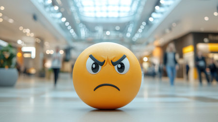 Conceptual Frustration Emoji Displaying Negative Mood Indicator on Blurred Floor Backgroundの素材