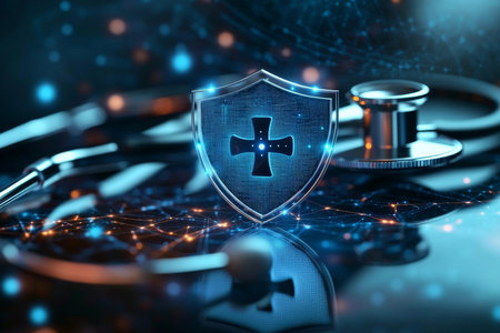 Digital Shield Protecting Stethoscope, Symbolizing Healthcare Data Security in a Digital Worldの素材