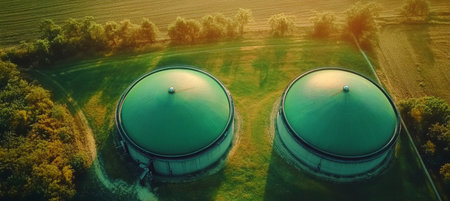 Aerial view of green biogas digesters in agricultural fields showcasing renewable energy potential.の素材