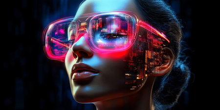 Futuristic woman wearing AR glasses, reflecting a vibrant city skyline at night, digital art conceptの素材