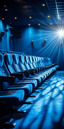 Solitude in a Dark Blue Movie Theater An Empty Cinema Interior with Vacant Rows and Quiet Spaceの素材