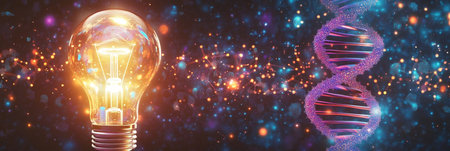 Illuminating Genetic Innovation Light Bulb and DNA Helix Unveiling Secrets of Life in Scienceの素材
