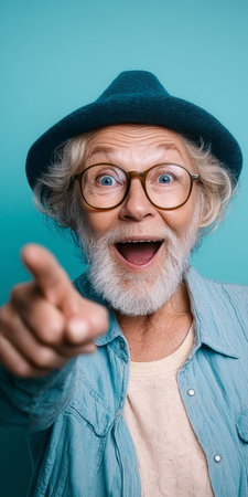 Smiling Elderly Man with Hat and Glasses Pointing at Copy Space, Isolated on Pastel Blueの素材