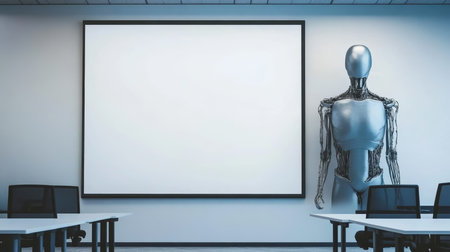 Creative Office Space Design Featuring Minimalist Decor, Art Robot, and Ample Copy Space for Ideasの素材