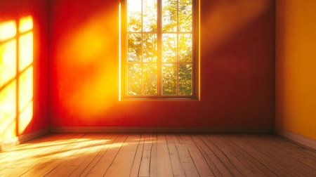 Bright Sunlit Room with Polished Wood Floor and Warm Orange Walls, Perfect for Interior Photographyの素材