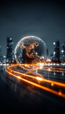 Futuristic Cityscape Illustrating Global Telecommunications, Data Transfer, and Information Flowの素材