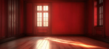 Elegant Red Room with Sunlight Streaming In, Minimalist Decor, and Beautiful Hardwood Floorsの素材
