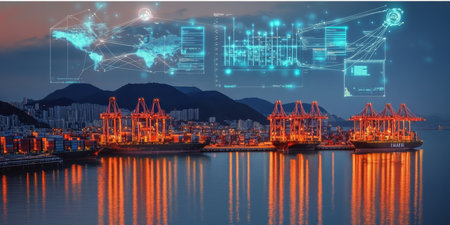 Futuristic Port Facility with Container Cranes and Augmented Reality Interface for Global Insightsの素材