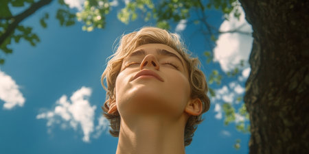 Young Woman Relaxing Under a Brilliant Blue Sky Outdoors, Enjoying the Fresh Air and Tranquilityの素材