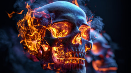 A Hauntingly Beautiful Skull Surrounded by Fiery Flames, Capturing Dark Beauty and Intense Emotionの素材