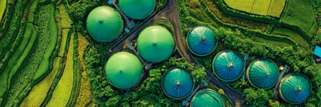 Aerial view of agricultural fields and biogas energy solutions in a scenic countryside landscape.の素材