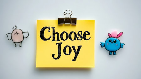 Cheerful Reminder Bright Yellow Sticky Note Saying Choose Joy with Cute Cartoon Characters Aroundの素材