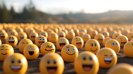 Vibrant Collection of Emoji Balls with Diverse Expressions Set Against a Blurred Background Fieldの素材