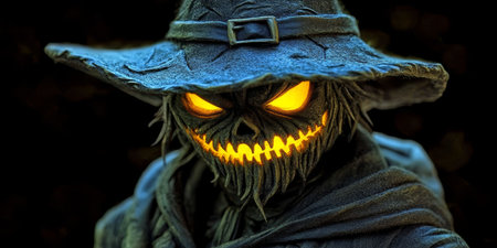 Eerie Illuminated Halloween Night Scarecrow Lurking in Shadows, Autumnal Guardian of Fear and Frightの素材