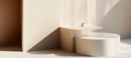 Stylish Room Design Featuring Elegant Pedestals and Display Platforms with Soft Ambient Lightingの素材