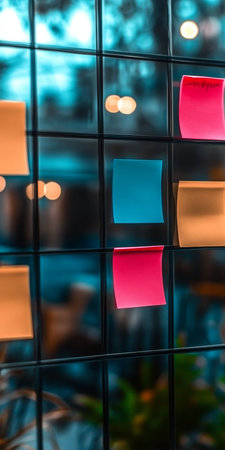 Creative Brainstorming Session on Glass Whiteboard with Colorful Stickers and Strategic Notesの素材