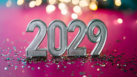 Silver 2029 Numbers on Sparkling Magenta Background with Festive Glitter for New Year Celebrationの素材