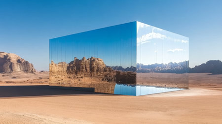 Mirrored Cube Art Installation Reflecting Scenic Desert Landscape, AlUla, Saudi Arabiaの素材