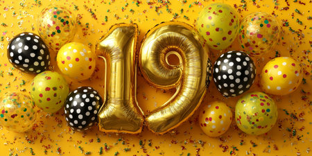 Golden Number 19 Balloons With Scattered Confetti, Celebration of Nineteenth Birthdayの素材