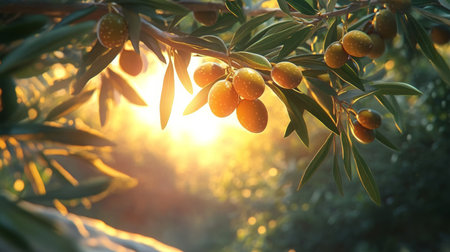 Golden Hour in the Olive Grove Ripe Olives on a Branch, Background for Olive Oil Productionの素材