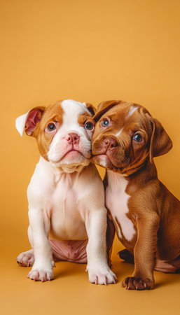 Two Adorable Puppies in Love on a Yellow Background, Perfect for Pet Adoption Campaignsの素材