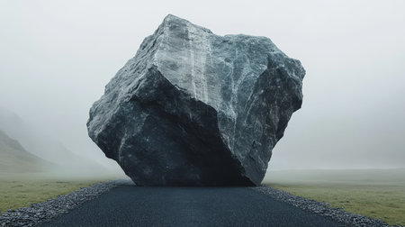 Colossal Boulder Blocks Misty Mountain Road, Symbolizing Nature s Immense Power and Resilienceの素材