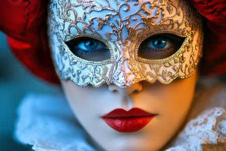 Mysterious Allure Portrait of a Woman with Piercing Blue Eyes in a Venetian Mask and Red Headscarfの素材
