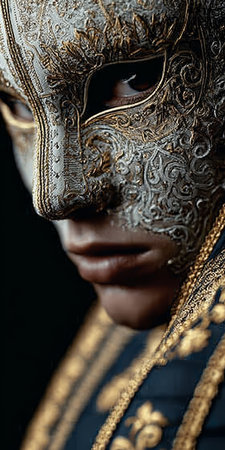 Elegant Masquerade Portrait of a Man Adorned in a Mystical Gold Accented Venetian Mask Designの素材