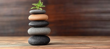 Balanced Zen Stones Stack with Fresh Green Sprout on Wooden Surface, Symbolizing Harmony and Peaceの素材