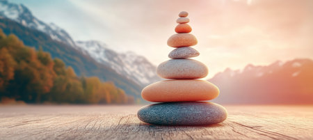 Tranquil Mindfulness Zen Art on the Riverside with Balanced Abstract Stone Pyramid for Spa Wellnessの素材