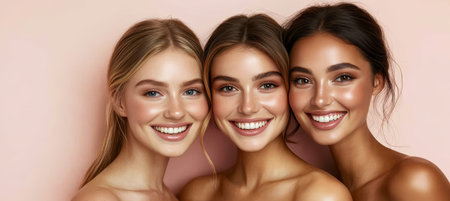 Diverse Beauty Portrait of Three Happy Women with Natural Makeup on a Soft Pink Backgroundの素材
