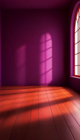 Empty purple room interior with wooden floor, window, and sunlight casting shadows, 3d render.の素材