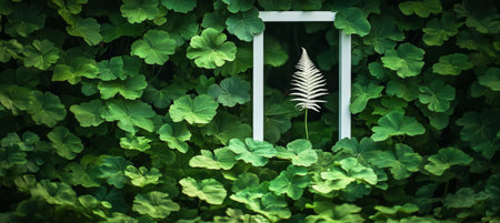 White Frame Encasing a Delicate Fern Leaf Against a Backdrop of Vibrant Green Foliageの素材