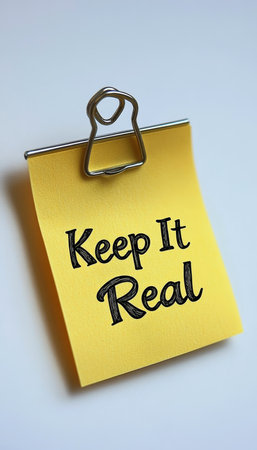 Keep It Real, Inspirational Message, Yellow Sticky Note On White Background, Motivational Conceptの素材