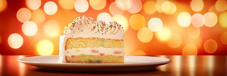 Slice of Funfetti Cake with Colorful Sprinkles and Whipped Cream on White Plate, Festive Backgroundの素材