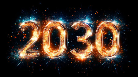 Fiery 2030 Numbers Celebrate New Year s Eve With Sparkling Fireworks and Festive Celebrationの素材