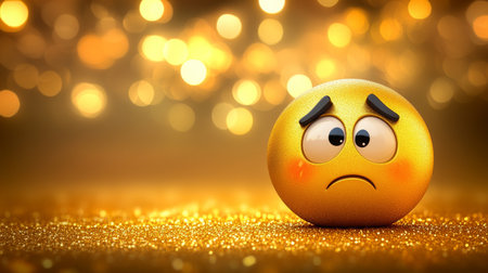 Contemplative Mood Reflected in a Shimmering Surface with a Perplexed Emoji and Golden Tonesの素材
