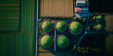 Aerial view of a sustainable farm with organic crops, biomass, and renewable energy practices.の素材