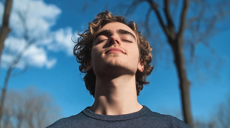 Young Man Finds Serenity Breathing Fresh Air in Nature, Eyes Closed and Head Tilted Upの素材