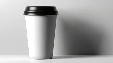 Minimalist Mockup of a Paper Coffee Cup with Black Lid on a Bright White Background for Advertisingの素材
