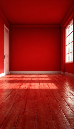 Modern Minimalist Home Studio Space with Deep Ruby Tones and Artistic Presentation Elementsの素材