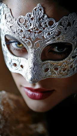 Close-Up Portrait of Enigmatic Woman Wearing Venetian Festival Mask, Exuding Mystery and Intrigueの素材