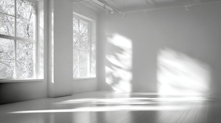 Bright and Minimalist Studio Interior with White Walls, Sunlight Shadows, and Serene Atmosphereの素材